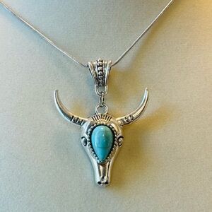 Blue Sterling Silver Skull Necklace with Turquoise Accent